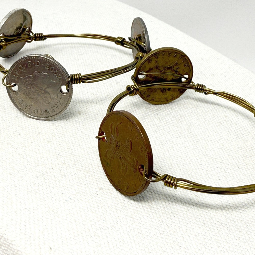 Coin Bangle Bracelet Set of 2 Handmade Wire Wrapped Novelty